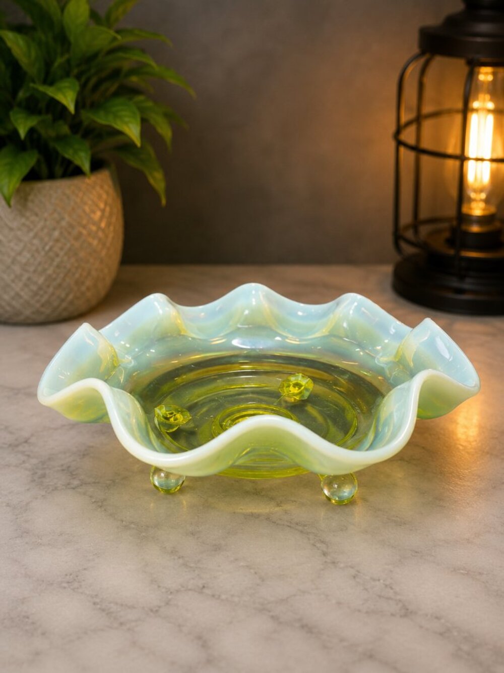 Vintage Fenton Opalescent Uranium Glass Ringed #100 Ruffled Bowl – 3 Footed – UV